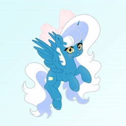 Size: 6890x6890 | Tagged: safe, artist:riofluttershy, oc, oc only, oc:fleurbelle, alicorn, pony, alicorn oc, blue background, blue coat, blue hooves, blushing, bow, colored hooves, eyelashes, female, flying, green eyes, hair accessory, hair bow, hooves, horn, long mane, long tail, looking at you, mane accessory, mare, pink bow, raised hooves, simple background, smiling, smiling at you, solo, spread wings, tail, two toned mane, two toned tail, wings, yellow eyes