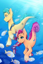 Size: 1378x2039 | Tagged: safe, artist:xiaowu07, idw, hitch trailblazer, sunny starscout, earth pony, fish, seahorse, seapony (g4), g5, my little pony: set your sail, beautiful, bubble, crepuscular rays, cute, digital art, dorsal fin, duo, duo male and female, ear fluff, eyebrows, eyebrows visible through hair, eyelashes, female, fin, fins, fish tail, flowing mane, flowing tail, green mane, green tail, looking at something, looking down, male, mane stripe sunny, mare, ocean, open mouth, purple tail, scales, sea pony (g5), seaponified, seapony hitch trailblazer, seapony sunny starscout, sheriff's badge, shoo be doo, signature, smiling, species swap, stallion, sunlight, swimming, tail, underwater, unshorn fetlocks, water