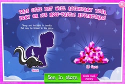 Size: 2021x1367 | Tagged: safe, gameloft, earth pony, pony, skunk, g4, my little pony: magic princess, official, advertisement, ambiguous gender, animal, costs real money, cute, english, gem, introduction card, mobile game, numbers, pet, sale, silhouette, text