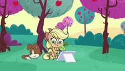 Size: 1920x1088 | Tagged: safe, screencap, applejack, hawthorne the third, winona, dog, earth pony, pony, g4, g4.5, my little pony: pony life, terrorarium, apple, apple tree, bush, cute, sitting, tablet, tree, winonabetes