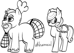 Size: 900x639 | Tagged: safe, artist:kharmacal, oc, oc only, oc:grease wrapper, oc:prim feather, earth pony, chef's hat, clothes, duo, hair net, hat, lineart, maid, monochrome, simple background, white background