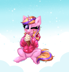 Size: 3840x4000 | Tagged: safe, artist:confetticakez, oc, oc only, oc:cream sherbet, pony, unicorn, blushing, clothes, cute, female, food, high res, horn, ice cream, ice cream cone, jacket, licking, mare, ocbetes, one eye closed, sitting, snow, snowfall, solo, tail, tongue out, unicorn oc, winter, winter outfit