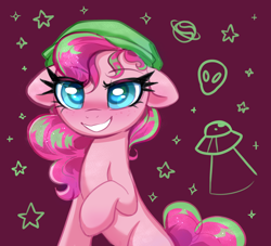 Size: 2276x2070 | Tagged: safe, artist:confetticakez, pinkie pie, alien, earth pony, pony, g4, alternate accessories, alternate design, alternate hairstyle, alternate mane color, big eyes, blue pupils, colored pupils, curly mane, curly tail, eye clipping through hair, eyebrows, eyebrows visible through hair, female, freckles, grin, halfbody, hat, high res, lidded eyes, mare, pink coat, pink mane, pink tail, raised hoof, simple background, smiling, solo, sparkly mane, sparkly tail, stars, tail, two toned mane, two toned tail, ufo, wingding eyes