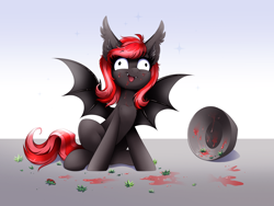 Size: 4000x3000 | Tagged: safe, artist:confetticakez, oc, oc only, oc:strawberry stylus, bat pony, pony, vampire bat pony, bat pony oc, bat wings, berry, bowl, chest fluff, derp, ear fluff, ear tufts, eye clipping through hair, eyebrows, eyebrows visible through hair, eyelashes, fangs, female, food, gray coat, mare, mare oc, messy eating, open mouth, open smile, patreon, patreon reward, red mane, red tail, shiny mane, shiny tail, sitting, smiling, solo, sparkles, spread wings, strawberry, tail, tongue out, two toned mane, two toned tail, wide eyes, wings