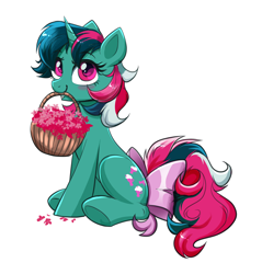 Size: 3366x3517 | Tagged: safe, artist:confetticakez, fizzy, pony, unicorn, g1, g4, basket, blushing, bow, cute, female, fizzybetes, flower, g1 to g4, generation leap, high res, horn, looking at you, mare, mouth hold, simple background, sitting, smiling, smiling at you, solo, tail, tail bow, underhoof, white background