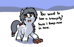 Size: 846x540 | Tagged: safe, artist:neuro, oc, oc only, earth pony, pony, yakutian horse, bow, coat markings, english, female, filly, fluffy, looking up, outdoors, smiling, snow, snowpity, solo, suitcase, tail, tail bow, talking, talking to viewer, text, winter