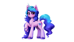 Size: 3840x2160 | Tagged: safe, artist:confetticakez, izzy moonbow, pony, unicorn, g5, my little pony: a new generation, blushing, bracelet, chest fluff, cute, ear fluff, eyebrows, eyebrows visible through hair, eyelashes, female, high res, hoof fluff, horn, izzybetes, jewelry, looking at you, mare, raised hoof, simple background, smiling, smiling at you, solo, tail, unshorn fetlocks, white background