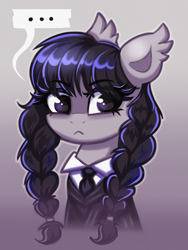 Size: 1025x1362 | Tagged: safe, artist:confetticakez, earth pony, pony, ..., braid, braided ponytail, bust, clothes, eye clipping through hair, eyebrows, eyebrows visible through hair, female, gradient background, mare, necktie, not octavia, ponified, ponytail, solo, speech bubble, suit, uniform, wednesday addams