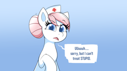 Size: 7680x4320 | Tagged: safe, artist:confetticakez, nurse redheart, earth pony, pony, g4, absurd resolution, dialogue, eyebrows, eyebrows visible through hair, female, gradient background, looking at you, mare, nurse, open mouth, raised hoof, sitting, solo, speech bubble, talking to viewer