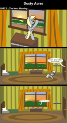 Size: 1920x3516 | Tagged: safe, artist:platinumdrop, derpy hooves, comic:dusty acres, series:technoverse, g4, 3 panel comic, comic, commission, female, filly, foal, offscreen character, speech bubble, sunrise, younger
