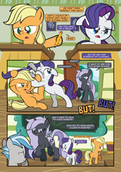 Size: 1920x2715 | Tagged: safe, artist:alexdti, applejack, rarity, oc, earth pony, pony, unicorn, comic:how we met, g4, belly, bipedal, colt, comic, female, filly, filly applejack, filly rarity, foal, horn, male, pencil, teacher, younger