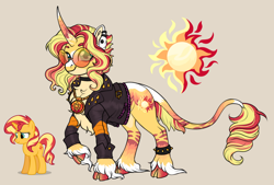 Size: 1280x865 | Tagged: safe, artist:malinraf1615, sunset shimmer, classical unicorn, pony, unicorn, g4, alternate color palette, alternate cutie mark, alternate design, alternate hairstyle, alternate tailstyle, alternate universe, amulet, blaze (coat marking), blue eyes, chest fluff, choker, clothes, cloven hooves, coat markings, colored cheest fluff, colored ears, colored eyebrows, colored fetlocks, colored horn, colored horntip, colored tail, curved horn, cute, ear fluff, ear piercing, earring, facial markings, gauges, glasses, gradient hooves, gray background, horn, jacket, jewelry, leather, leather jacket, leg markings, leg stripes, leonine tail, long horn, multicolored horn, multicolored tail, open clothes, open jacket, orange coat, piercing, raised hoof, red hooves, redesign, reference used, shimmerbetes, simple background, smiling, socks (coat markings), solo, sparkly hooves, sparkly mane, sparkly tail, spiked wristband, standing on three hooves, stripes, sunglasses, tail, tail fluff, two toned mane, two toned tail, unshorn fetlocks, wall of tags, wristband, yellow coat