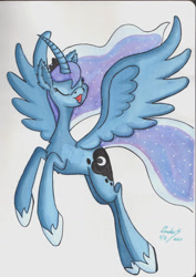 Size: 828x1171 | Tagged: safe, artist:lomewa, princess luna, alicorn, pony, g4, 2020, concave belly, curved horn, eyes closed, female, horn, mare, simple background, slender, solo, thin, white background