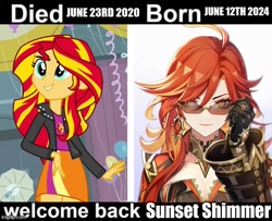 Size: 617x500 | Tagged: safe, edit, edited screencap, screencap, sunset shimmer, human, equestria girls, g4, breasts, cleavage, clothes, cute, genshin impact, gloves, mavuika (genshin impact), rebirth, shimmerbetes, sunglasses