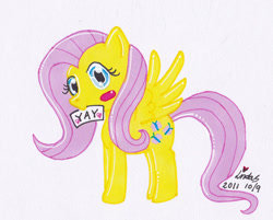 Size: 900x725 | Tagged: safe, artist:lomewa, fluttershy, pegasus, pony, g4, 2011, artifact, blushing, cute, female, mare, mouth hold, shyabetes, signature, simple background, solo, spread wings, traditional art, wings, yay