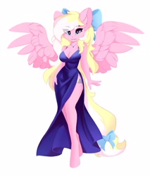 Size: 3565x4191 | Tagged: safe, artist:shooshaa, oc, oc only, oc:bay breeze, pegasus, anthro, unguligrade anthro, bow, breasts, cleavage, clothes, cute, dress, female, hair bow, heart, heart eyes, jewelry, looking at you, mare, necklace, pegasus oc, side slit, simple background, solo, spread wings, tail, tail bow, white background, wingding eyes, wings