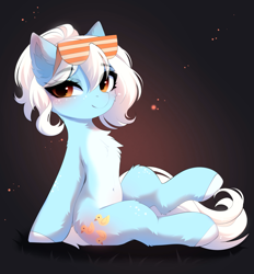 Size: 3479x3757 | Tagged: safe, artist:empress-twilight, oc, oc only, oc:golden cascade, earth pony, pony, belly, belly button, big hooves, blushing, butt blush, chest fluff, colored belly, colored ear fluff, colored hooves, cute, ear blush, ear fluff, earth pony oc, eye clipping through hair, eyebrows, eyebrows visible through hair, eyelashes, female, freckles, gradient background, gradient eyes, grass, hooves, leg fluff, leg freckles, long tail, looking at you, looking back, mare, mare oc, orange eyes, pale belly, ponytail, raised leg, shoulder fluff, sitting, smiling, sparkles, sunglasses, sunglasses on head, tail, thin, tied mane, white belly, white hooves, white mane