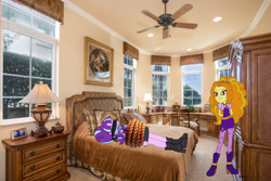 Size: 2560x1706 | Tagged: artist needed, source needed, safe, adagio dazzle, starlight glimmer, equestria girls, g4, bed, bedroom, blindfold, desk lamp, duo, duo female, female, gag, kidnapped, window