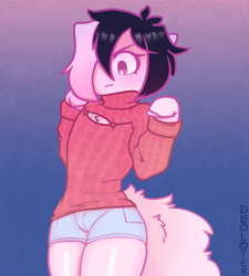 Size: 1980x2200 | Tagged: safe, artist:deoloter, oc, oc only, oc:tao, earth pony, pony, semi-anthro, abstract background, chest fluff, femboy, fluffy tail, gradient background, male, solo, tail