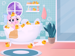 Size: 2622x1959 | Tagged: safe, alternate version, artist:emberslament, derpibooru exclusive, oc, oc only, oc:bay breeze, pony, bath, bathroom, bathtub, blushing, bow, bubble, claw foot bathtub, cute, hair bow, happy, heart, heart eyes, looking up, open mouth, rubber duck, solo, wingding eyes