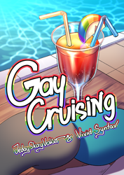 Size: 3508x4961 | Tagged: safe, artist:jedayskayvoker, fashion plate, thunderlane, pony, comic:gay cruising, g4, alcohol, apple, cocktail, comic, comic cover, cover, cover art, drink, duo, duo male, english, food, gay, holding hooves, male, stallion, swimming pool, zap apple