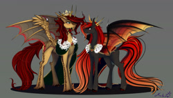 Size: 4500x2560 | Tagged: safe, artist:martazap3, oc, oc only, oc:fironyx, oc:skarlett, alicorn, dracony, dragon, hybrid, alicorn oc, beard, blaze (coat marking), brooch, brown hooves, cape, clothes, coat markings, colored hooves, colored horns, concave belly, cream coat, crown, curved horn, duo, duo male and female, ear markings, facial hair, facial markings, fangs, female, flower, gradient mane, gradient tail, gray background, gray coat, hock fluff, hooves, horn, horns, hybrid wings, jewelry, leg markings, long horn, long legs, long mane male, long neck, looking at each other, looking at someone, male, mare, mouth hold, multicolored mane, multicolored tail, oc x oc, profile, red hooves, red mane, red tail, regalia, rose, royal, royal cape, shadow, shiny hooves, shipping, simple background, smiling, smiling at each other, sparkly mane, sparkly tail, spread wings, straight, tail, thin legs, tiara, transparent wings, two toned mane, two toned tail, unshorn fetlocks, wavy mane, wavy tail, wings