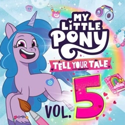 Size: 540x540 | Tagged: safe, izzy moonbow, pony, unicorn, g5, my little pony: tell your tale, official, album cover, blue background, book, bracelet, female, glitter, headphones, horn, jewelry, jpg, looking at you, mare, mug, my little pony logo, open mouth, paintbrush, rainbow, solo