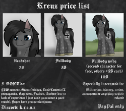 Size: 2560x2250 | Tagged: safe, artist:kreuz, oc, oc only, oc:manfred, earth pony, pony, advertisement, chest fluff, commission open, earth pony oc, gothic, iron cross, male, price list, price sheet, price tag, prices, smiling, solo, stallion, standing