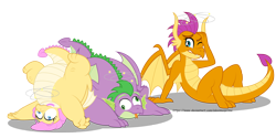 Size: 4000x2000 | Tagged: safe, artist:aleximusprime, smolder, spike, oc, oc:buttercream the dragon, dragon, flurry heart's story, g4, adult, adult spike, circling stars, clumsy, commission, cross-eyed, dizzy, dragoness, fat, fat spike, female, hand on head, lying down, male, older, older smolder, older spike, one eye closed, physique difference, prone, rubbing head, simple background, tongue out, transparent background, trio, tripped, upside down, winged spike, wings