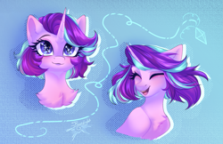 Size: 2697x1744 | Tagged: safe, artist:jsunlight, starlight glimmer, pony, unicorn, g4, alternate hairstyle, bust, chest fluff, cute, glimmerbetes, horn, portrait, smiling, solo, starry eyes, wingding eyes