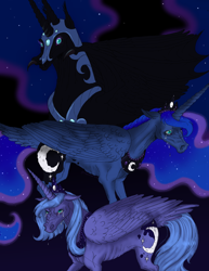 Size: 2732x3538 | Tagged: safe, artist:moondeer1616, nightmare moon, princess luna, alicorn, g4, angry, black background, concave belly, crying, dark background, ethereal mane, female, floppy ears, glowing, glowing eyes, hoers, jewelry, lunar trinity, mare, realistic, realistic anatomy, regalia, ribs, s1 luna, sad, simple background, skinny, thin, trio, trio female