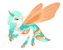 Size: 4300x3400 | Tagged: safe, artist:gigason, oc, oc only, oc:honey daze, changepony, hybrid, blue mane, carapace, cloven hooves, coat markings, colored belly, colored eyebrows, colored hooves, colored horn, colored pinnae, colored wings, commission, curved horn, dragonfly wings, ear fluff, eye markings, fangs, gold hooves, gradient mane, high res, hooves, horn, insect wings, interspecies offspring, lidded eyes, long eyelashes, long mane, long mane male, long tail, looking back, male, multicolored tail, offspring, orange wings, parent:oc:karner, parent:princess celestia, parents:canon x oc, profile, raised hooves, raised leg, rearing, shiny hooves, simple background, socks (coat markings), solo, sparkly mane, spread wings, stinger, striped horn, tail, thin legs, transparent background, transparent wings, two toned ears, watermark, white body, wings