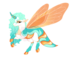 Size: 4300x3400 | Tagged: safe, artist:gigason, oc, oc only, oc:honey daze, changepony, hybrid, adoptable, blue mane, carapace, cloven hooves, coat markings, colored belly, colored eyebrows, colored hooves, colored horn, colored pinnae, colored wings, curved horn, dragonfly wings, ear fluff, eye markings, fangs, gold hooves, gradient mane, high res, hooves, horn, insect wings, interspecies offspring, lidded eyes, long eyelashes, long mane, long mane male, long tail, looking back, male, multicolored tail, offspring, orange wings, parent:oc:karner, parent:princess celestia, parents:canon x oc, profile, raised hooves, raised leg, rearing, shiny hooves, simple background, socks (coat markings), solo, sparkly mane, spread wings, stinger, striped horn, tail, thin legs, transparent background, transparent wings, two toned ears, watermark, white body, wings