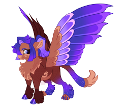 Size: 4400x3700 | Tagged: safe, artist:gigason, oc, oc only, oc:aquila, hippogriff, g4, absurd resolution, blaze (coat marking), blue eyes, blue pupils, brown coat, cat tail, chest fluff, chubby, cloven hooves, coat markings, colored belly, colored chest fluff, colored claws, colored eyebrows, colored hooves, colored paw pads, colored pinnae, colored pupils, colored wings, colored wingtips, commission, ethereal mane, eye clipping through hair, facial markings, fetlock tuft, gradient legs, gradient mane, gradient tail, hair over one eye, hooves, hybrid wings, interspecies offspring, looking back, multicolored tail, multicolored wings, multicolored wingtips, nonbinary, nonbinary oc, offspring, pale belly, parent:twilight sparkle, parents:canon x oc, paw pads, paws, ponytail, purple hooves, purple wingtips, shiny hooves, short mane, simple background, smiling, socks (coat markings), solo, sparkly legs, sparkly mane, sparkly tail, spread wings, standing, starry mane, straight mane, tail, tied mane, transparent background, watermark, wings