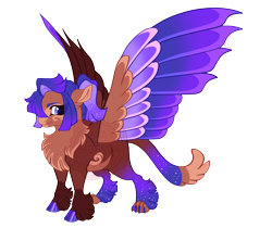 Size: 4400x3700 | Tagged: safe, artist:gigason, oc, oc only, oc:aquila, hippogriff, g4, absurd resolution, adoptable, blaze (coat marking), blue eyes, blue pupils, brown coat, cat tail, chest fluff, chubby, cloven hooves, coat markings, colored belly, colored chest fluff, colored claws, colored eyebrows, colored hooves, colored paw pads, colored pinnae, colored pupils, colored wings, colored wingtips, ethereal mane, eye clipping through hair, facial markings, fetlock tuft, gradient legs, gradient mane, gradient tail, hair over one eye, hooves, hybrid wings, interspecies offspring, looking back, multicolored tail, multicolored wings, multicolored wingtips, nonbinary, nonbinary oc, offspring, pale belly, parent:twilight sparkle, parents:canon x oc, paw pads, paws, ponytail, purple hooves, purple wingtips, shiny hooves, short mane, simple background, smiling, socks (coat markings), solo, sparkly legs, sparkly mane, sparkly tail, spread wings, standing, starry mane, straight mane, tail, tied mane, transparent background, watermark, wings