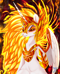 Size: 1595x1955 | Tagged: safe, artist:darksly, daybreaker, alicorn, pony, g4, antagonist, armor, belly, belly fluff, chest fluff, colored pupils, commission, crown, digital art, ethereal mane, eyelashes, eyeshadow, fangs, feather, female, flowing mane, gem, helmet, hoof shoes, horn, humanoid torso, jewelry, logo, long horn, looking at you, makeup, mane of fire, mare, night, peytral, princess shoes, raised hoof, regalia, signature, solo, spread wings, stars, teeth, villainess, wide hips, wing armor, wings, yellow eyes