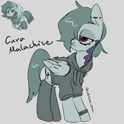 Size: 4096x4096 | Tagged: safe, artist:metaruscarlet, oc, oc only, oc:cura malachite, pegasus, pony, pony town, bracelet, clothes, coat markings, ear piercing, english, eyelashes, folded wings, gray background, gray coat, gray eyes, gray mane, gray socks, gray tail, hair over one eye, hoodie, jewelry, lidded eyes, long socks, looking back, mask, mole, nose piercing, nose ring, one eye covered, pegasus oc, piercing, ponytail, purple eyes, reference used, septum piercing, shiny mane, shiny tail, signature, simple background, socks, standing, tattoo, text, tied mane, wings, wristband