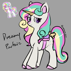 Size: 4096x4096 | Tagged: safe, artist:metaruscarlet, oc, oc only, oc:dreamy parfait, pony, unicorn, pony town, bag, bow, coat markings, colored hooves, colored horn, colored pinnae, english, eyelashes, facial markings, gray background, hooves, horn, lidded eyes, looking at you, looking back, multicolored mane, multicolored tail, pink hooves, purple eyes, reference used, ribbon, saddle, shiny hooves, signature, simple background, smiling, snip (coat marking), standing, tack, tail, tail bow, text, three toned mane, three toned tail, unicorn horn, unicorn oc, wavy mane, white coat, yellow bow