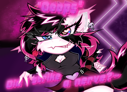 Size: 2350x1700 | Tagged: safe, artist:spirit-fireheart, oc, oc only, oc:lunylin, earth pony, anthro, belt, cheek fluff, clothes, ear fluff, ear piercing, earring, fangs, female, hazbin hotel, heart, hellaverse, jewelry, looking at you, mare, neon, piercing, respectless, scrambled eggs (hazbin hotel), skirt, smiling, smirk, solo, text, title, velvette