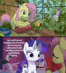 Size: 2670x2952 | Tagged: safe, artist:ciborgen, fluttershy, rarity, beaver, pegasus, pony, unicorn, g4, 2 panel comic, carousel boutique, carrot, clothes, comic, crocs, crying, dialogue, duo, duo female, female, food, high res, horn, knife, lightning mcqueen, mare, shoes, wing hands, wing hold, wings