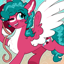 Size: 2000x2000 | Tagged: safe, artist:pink-pone, oc, oc only, oc:saving shores, pegasus, pony, artfight, blaze (coat marking), blue eyes, blush scribble, blushing, buoy, chest fluff, coat markings, colored chest fluff, colored eartips, colored hooves, colored pinnae, colored wings, colored wingtips, curly mane, curly tail, ear fluff, ear markings, eye clipping through hair, eyebrows, eyebrows visible through hair, eyelashes, facial markings, female, gift art, gradient background, hoof hold, hooves, life preserver, looking back, mare, mare oc, one eye closed, open mouth, open smile, pegasus oc, ponytail, raised hoof, red coat, red hooves, rope, smiling, solo, spread wings, tail, teal mane, teal tail, teeth, tied mane, two toned mane, two toned tail, two toned wings, watermark, white wingtips, wing fluff, wings, wink