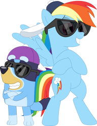 Size: 827x1082 | Tagged: safe, artist:porygon2z, rainbow dash, dog, pegasus, pony, g4, australian cattle dog, baseball cap, bipedal, bluey, bluey heeler, cap, cute, dashabetes, duo, duo female, female, hat, mare, simple background, sunglasses, transparent background