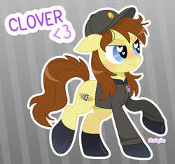 Size: 1230x1149 | Tagged: safe, artist:lullapiies, oc, oc only, oc:clover springs, earth pony, pony, blue eyes, blush lines, blushing, brown mane, brown tail, cap, clothes, colored eyebrows, cream coat, female, frown, gift art, glowing blush, hat, heart, heart eyes, jacket, long mane, long tail, mare, narrowed eyes, outline, pin, purple text, raised hoof, raised leg, shiny mane, shiny tail, signature, solo, standing on two hooves, striped background, tail, text, wingding eyes