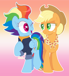 Size: 1356x1484 | Tagged: safe, artist:lullapiies, applejack, rainbow dash, earth pony, pegasus, pony, g4, applejack's hat, clothes, collared shirt, colored eyelashes, colored pupils, cowboy hat, duo, duo female, female, flag background, gradient background, granny smith's shawl, green eyelashes, green pupils, hat, heart, heart eyes, lesbian, lesbian pride flag, looking at each other, looking at someone, magenta eyelashes, magenta pupils, mare, narrowed eyes, older, older appledash, older applejack, older rainbow dash, one eye closed, outline, pride, pride flag, raised hoof, raised leg, rolled up sleeves, scarf, shiny mane, shiny tail, ship:appledash, shipping, shirt, signature, smiling, smiling at each other, standing on two hooves, turtleneck, wingding eyes, wink