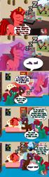 Size: 827x2935 | Tagged: safe, artist:jasperpie, big macintosh, oc, oc:casper cake, oc:eliyora, oc:harmony dancer, oc:jasper pie, pony, unicorn, g4, going to seed, cute, fez, furry reminder, hat, horn, macabetes, magic, magic aura, max (sam and max), ocbetes, sam and max, sleeping