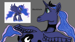 Size: 1280x720 | Tagged: safe, artist:blackblade360, princess luna, alicorn, pony, g4, armor, blue eyes, crown, flowing mane, flowing tail, flying, gray background, horn, ibispaint x, jewelry, reference, regalia, shading, simple background, smiling, solo, spread wings, tail, wings