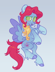 Size: 2000x2600 | Tagged: safe, artist:bishopony, thistle whistle, pegasus, pony, g3, alternate design, blue background, blue hooves, blue wingtips, blush scribble, blushing, coat markings, colored eyelashes, colored hooves, colored wings, colored wingtips, facial markings, female, fetlock tuft, flying, gradient background, gradient legs, green eyelashes, green eyes, heart, heart mark, high res, hooves, looking back, mare, music notes, no pupils, open mouth, purple text, raised hoof, requested art, shiny hooves, shiny mane, shiny tail, signature, simple background, slender, snip (coat marking), solo, spread wings, text, thin, thin legs, two toned mane, two toned wings, whistling, wings