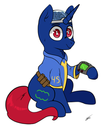 Size: 1500x1800 | Tagged: safe, artist:lebatoman, oc, oc only, oc:bit shift, pony, unicorn, fallout equestria, blue coat, brain, clothes, horn, jumpsuit, looking at camera, looking at you, male, organs, pipbuck, red eyes, red tail, simple background, solo, tail, vault suit, white background