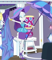 Size: 611x698 | Tagged: safe, screencap, rarity, human, camping must-haves, equestria girls, g4, my little pony equestria girls: better together, blanket, cropped, eyes closed, female, geode of shielding, hat, magical geodes, one leg raised, rarity peplum dress, rarity's bedroom, solo, sun hat, umbrella