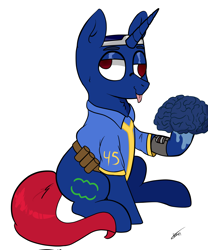 Size: 1500x1800 | Tagged: safe, alternate version, artist:lebatoman, oc, oc only, oc:bit shift, pony, unicorn, fallout equestria, blue coat, brain, brainless, clothes, derp, horn, jumpsuit, male, organs, pipbuck, red eyes, red tail, simple background, solo, tail, vault suit, white background